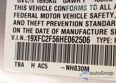 2017 Honda Civic Lx из США, поврежденный, VIN 19XFC2F56HE062506